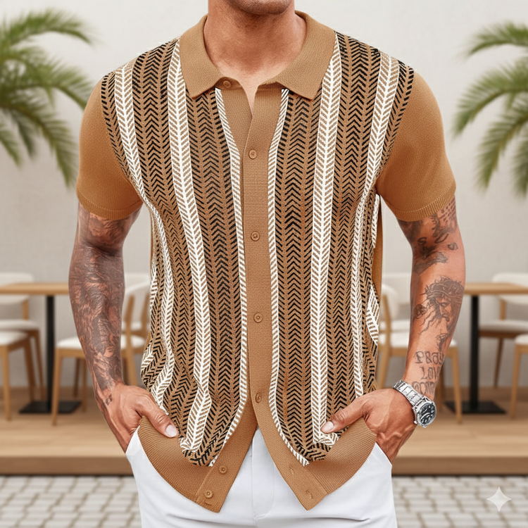 Brown Men’s Casual Striped Jacquard Knitted Polo