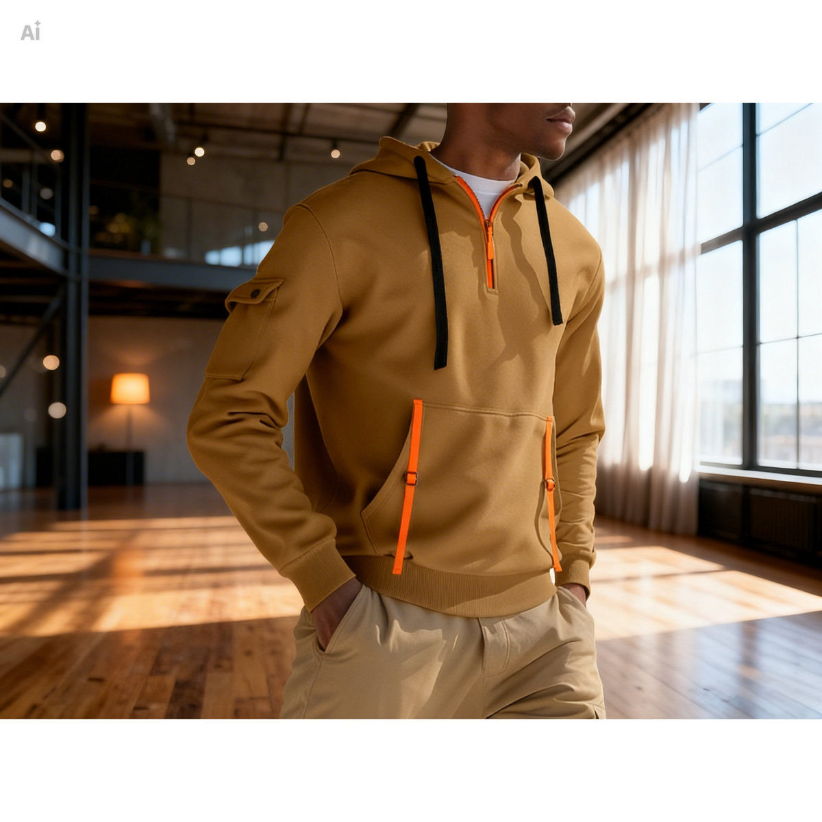 Men's fleece-lined hoodie for everyday wear, mustard yellow with orange accents, worn by a model indoors.