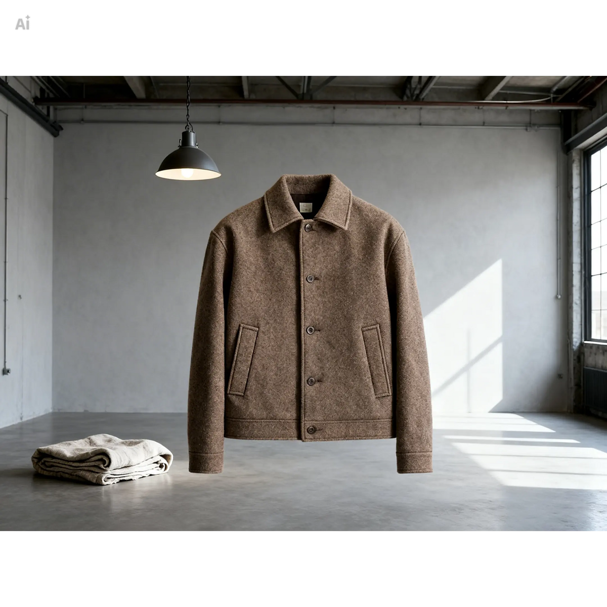 brown men's wool jacket with lapel and pockets displayed in an industrial setting