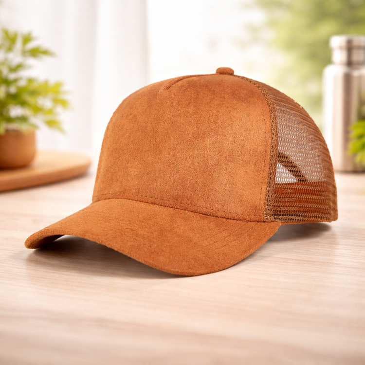 Brown mesh cap on a wooden surface with a blurred natural background