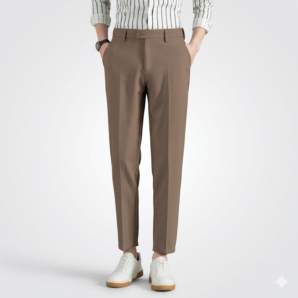 Brown pants worn with a striped shirt and white shoes on a light gray background
