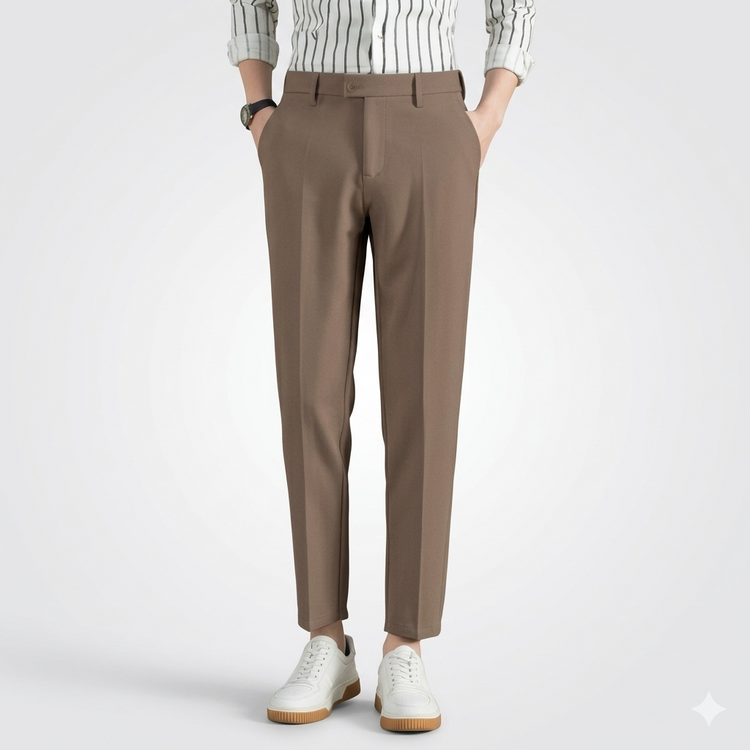 Brown pants worn with a striped shirt and white shoes on a light gray background