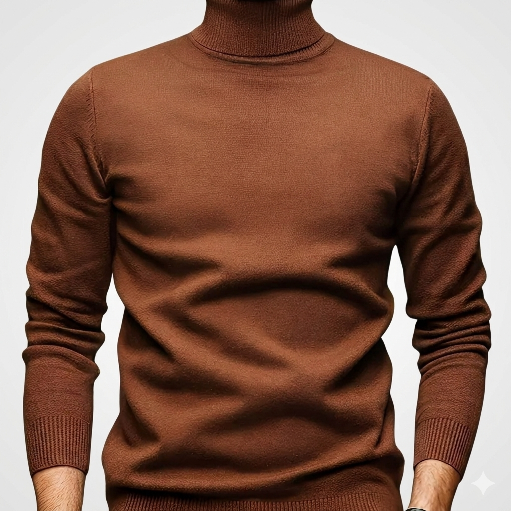Brown turtleneck sweater on a plain background