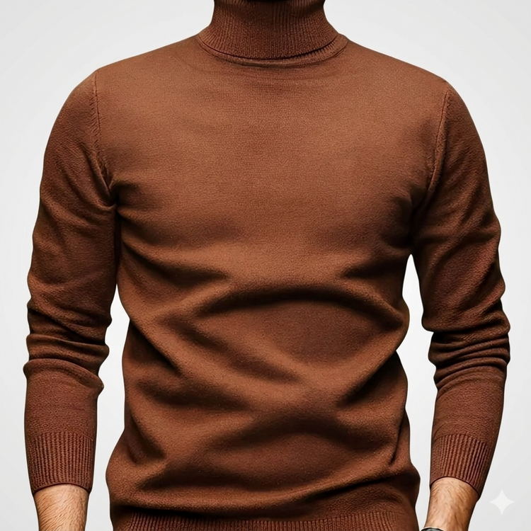 Brown turtleneck sweater on a plain background