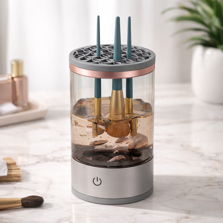 Brush cleaner with brushes inside on a marble surface