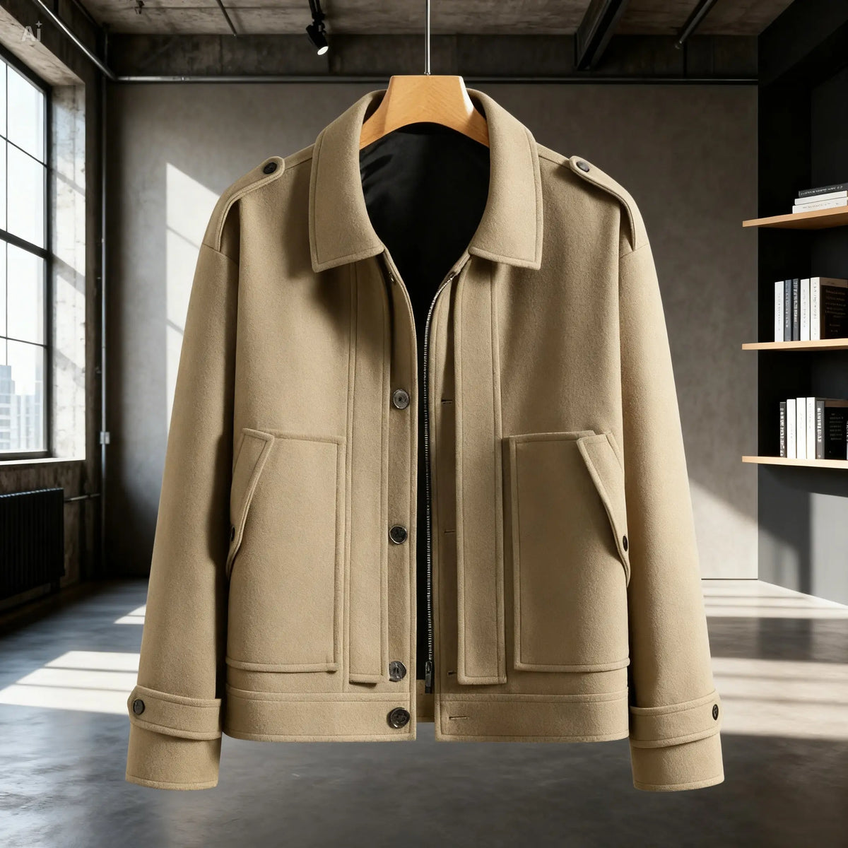 Men's lapel cotton padded warm jacket - ultra short & cozy in beige, front view on hanger