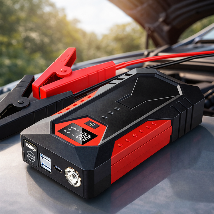 Car jump starter on a car hood with a blurred outdoor background