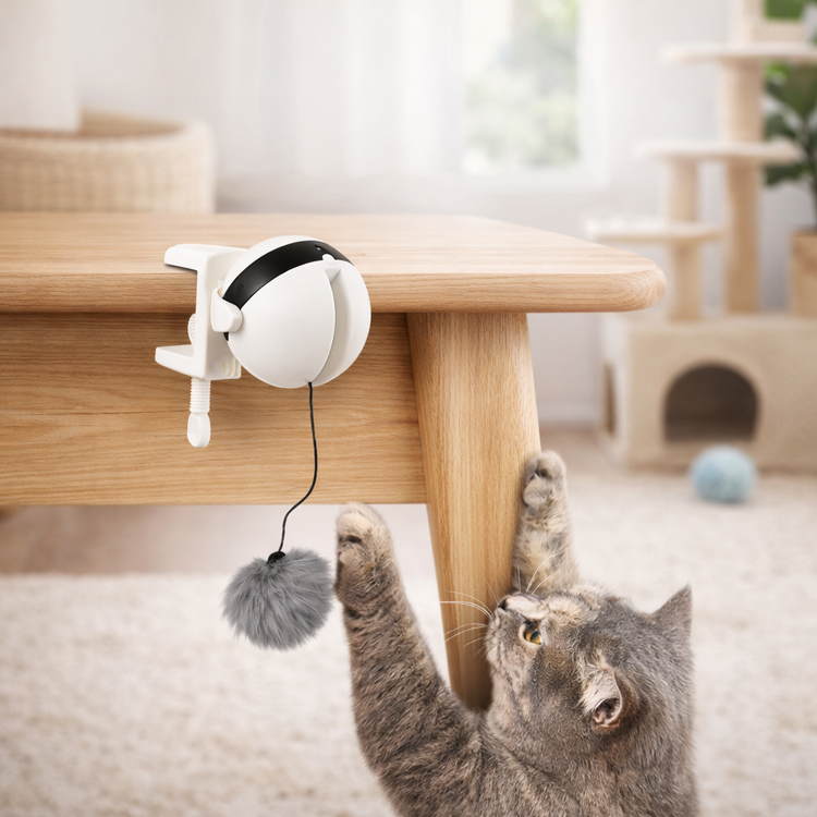Cat playing with a toy attached to a wooden table
