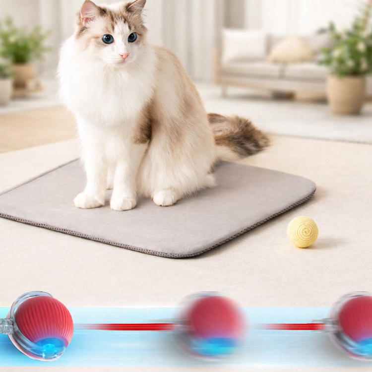 Cat sitting on a mat with a toy in the foreground, in a home setting.