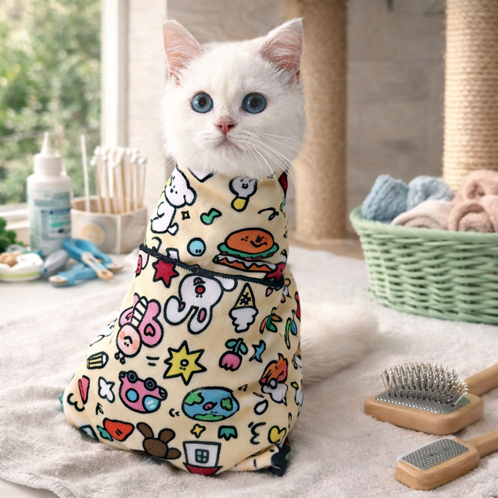 Cat wearing a colorful patterned outfit sitting on a carpet with grooming tools around