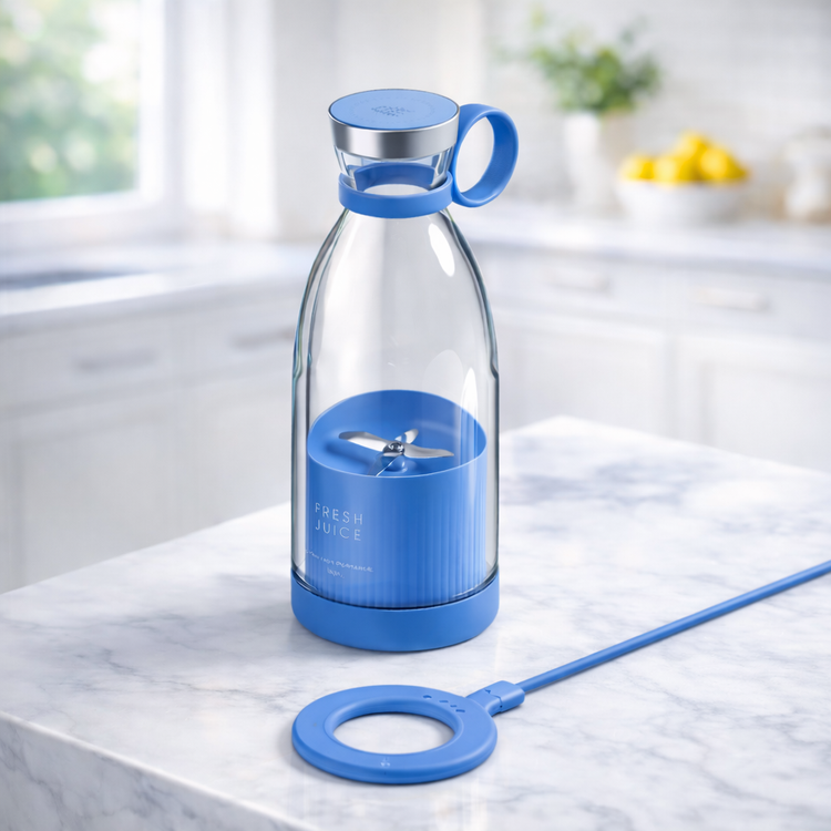 Clear bottle with blue accents on a marble surface BLENDER