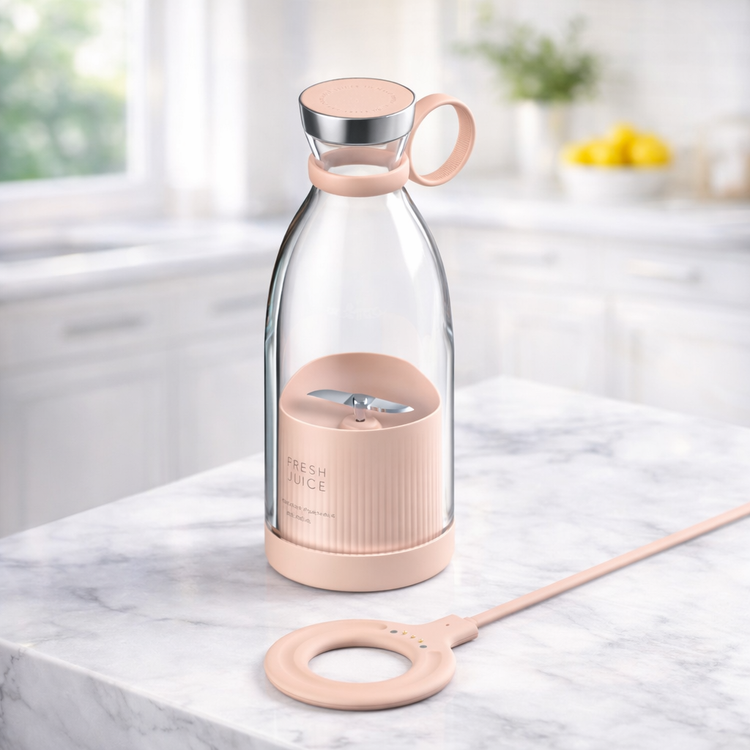 Clear bottle with pink base and cap on a marble surface BLENDER