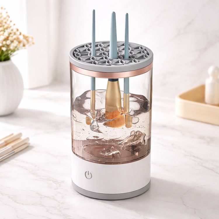 Clear cylindrical brush cleaner with brushes inside on a white surface