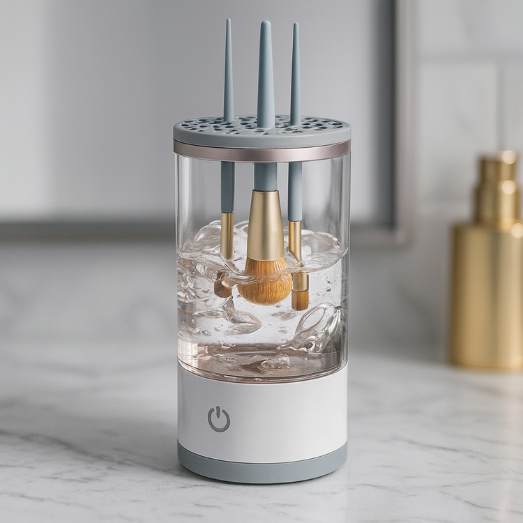 Clear cylindrical device with brushes inside on a marble surface