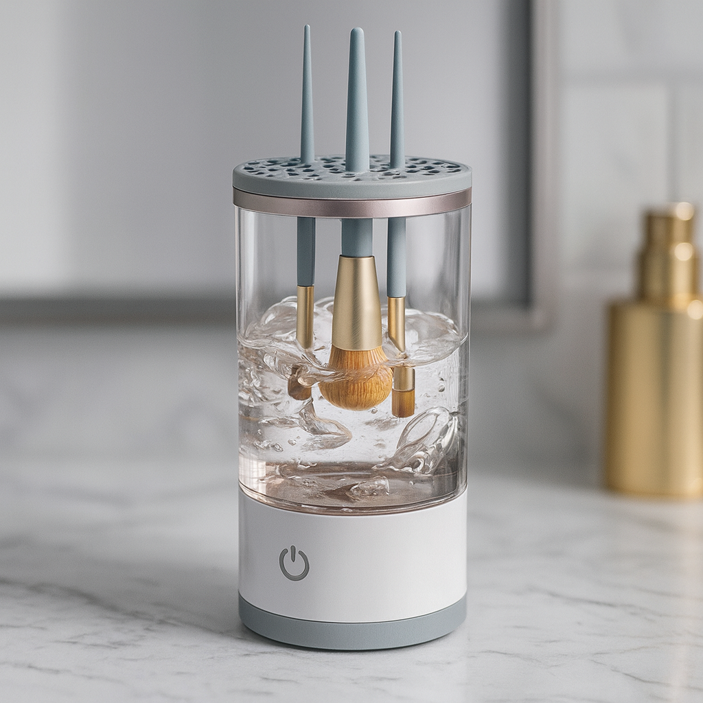 Clear cylindrical device with brushes inside on a marble surface
