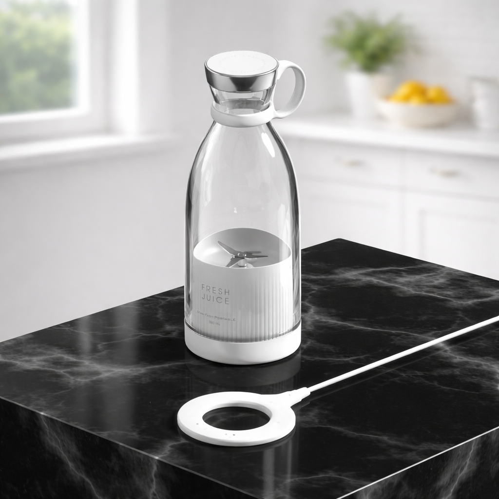 Clear glass bottle with white cap and base on a black marble surface BLENDER