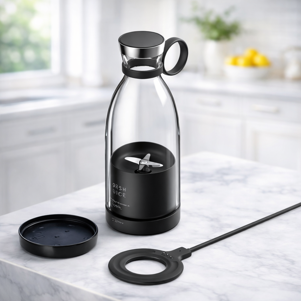 Clear water bottle with black base and accessories on a marble surface BLENDER