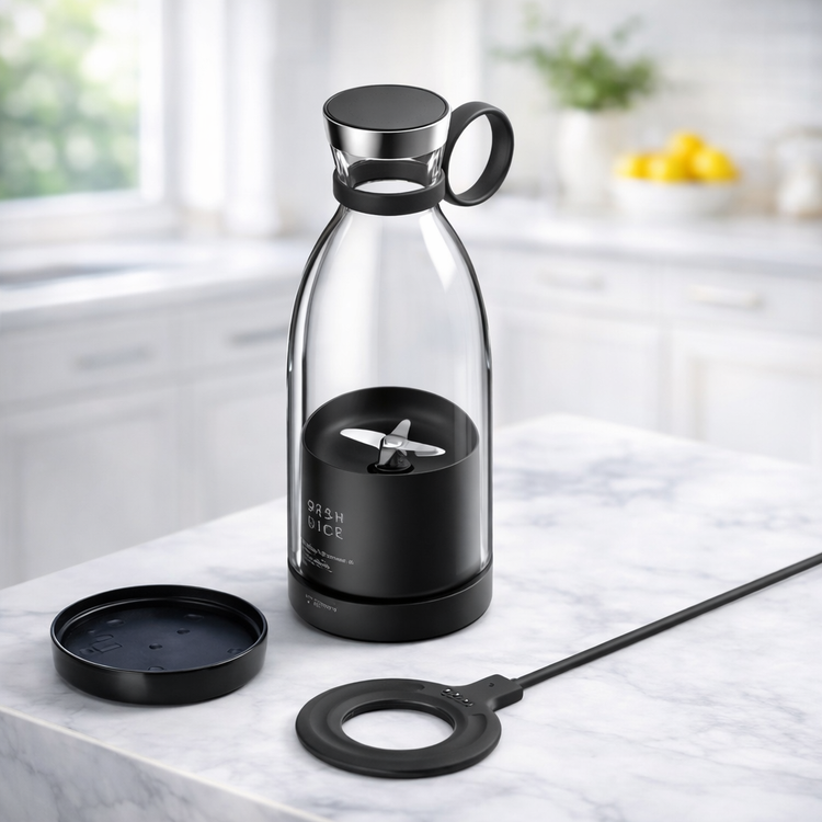 Clear water bottle with black base and accessories on a marble surface BLENDER