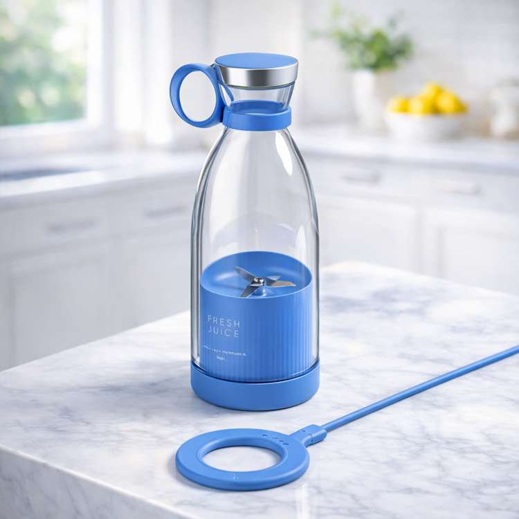 Clear water bottle with blue accents on a marble surface Clear bottle with blue accents on a marble surface BLENDER 