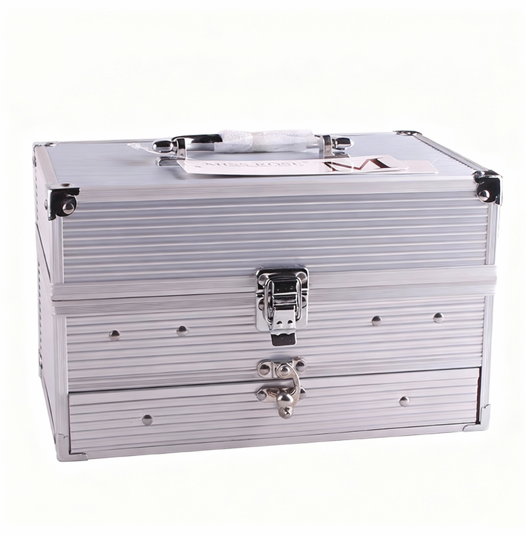 Silver metallic toolbox with a lock on a white background