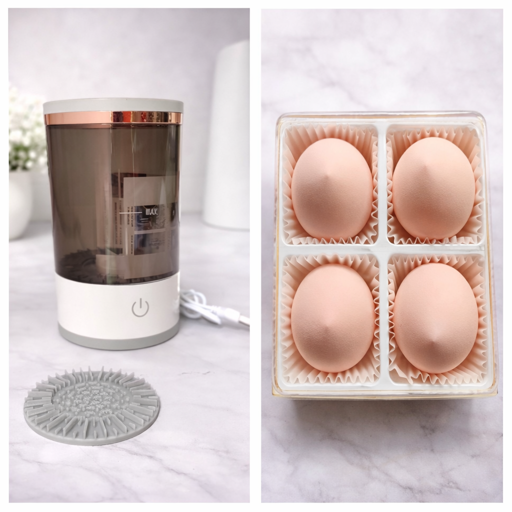 Collage of a humidifier, a box of eggs, and a gray mat on a marble surface.