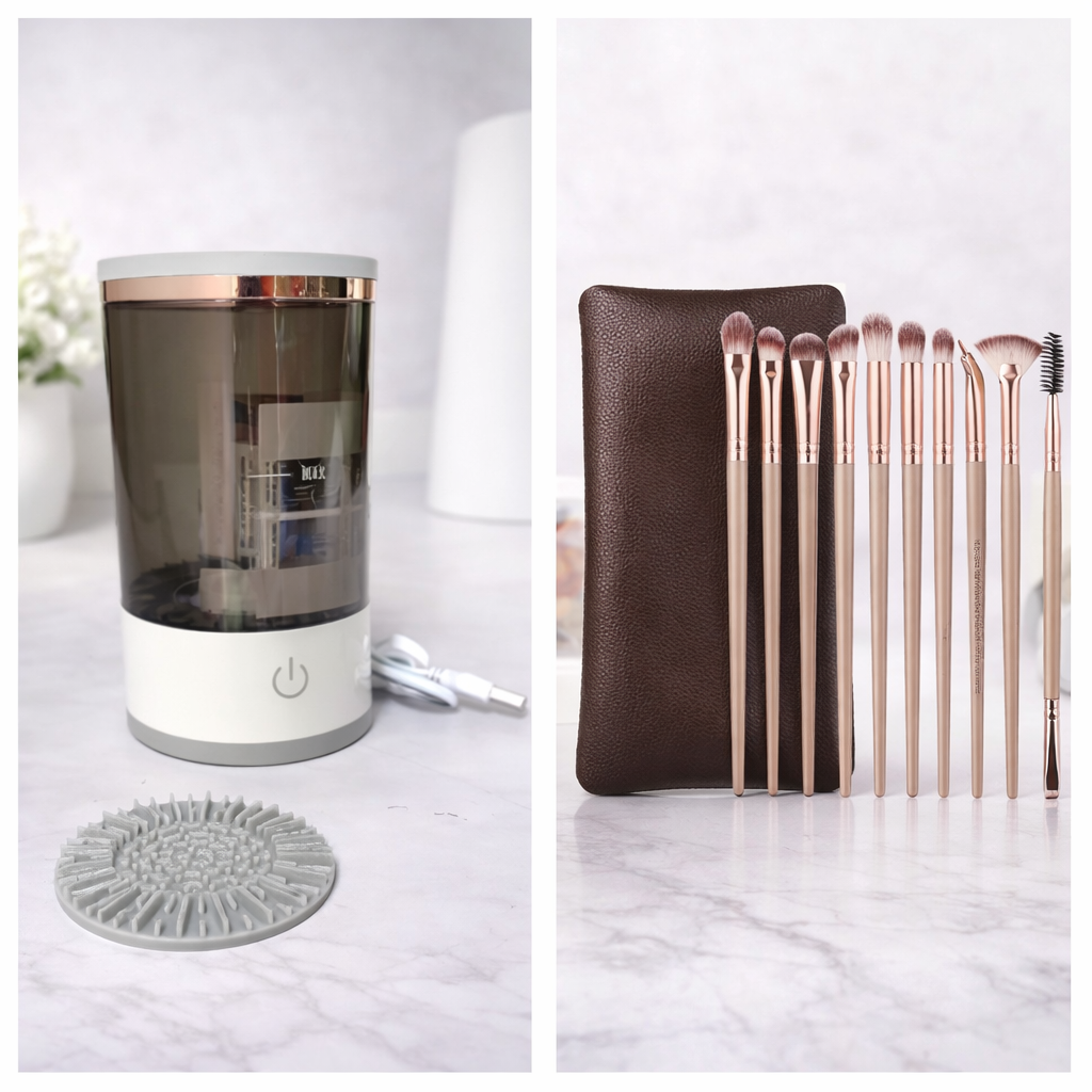 Collage of a humidifier, a brown pouch with makeup brushes, and a gray mat on a white surface.