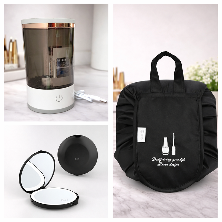 Collage of a humidifier, black bag with text, and open black case on a white background.