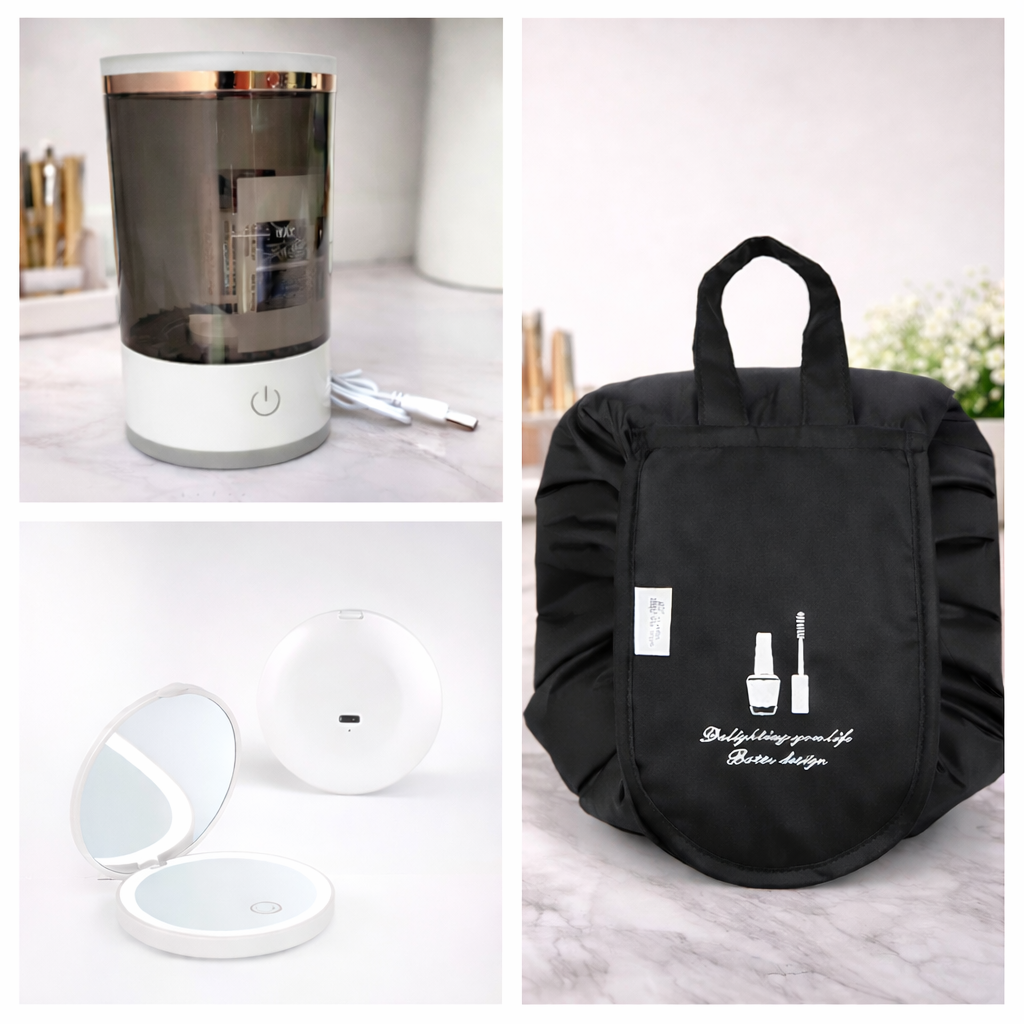 Collage of a humidifier, black makeup bag with text, and white containers on a marble surface.
