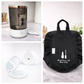 Collage of a humidifier, black makeup bag with text, and white containers on a marble surface.