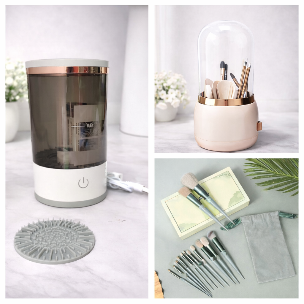 Collage of a humidifier, makeup brush set, and stationery items on a white surface with a light background.
