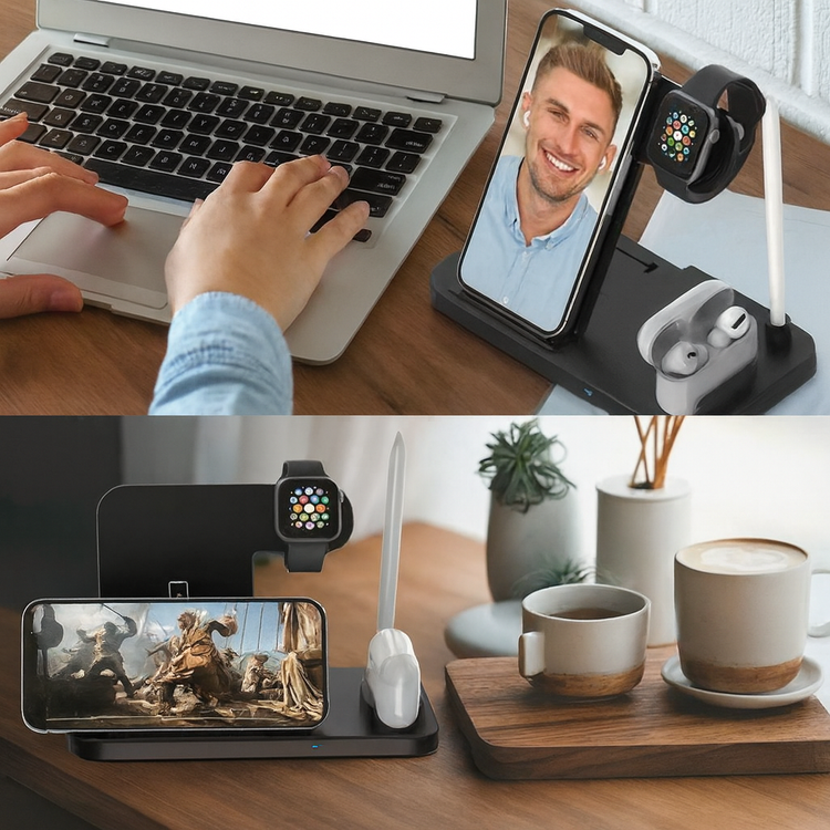 Collage of a person using a laptop, a phone on a stand with a watch and earbuds, and a phone displaying a movie on a wooden table with a cup of coffee.