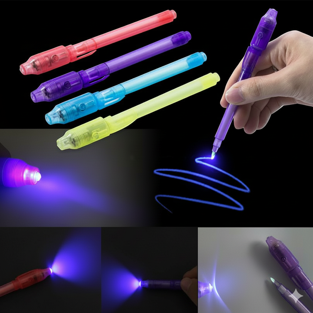 Collage of colorful light-up pens with a hand holding one, glowing in the dark.