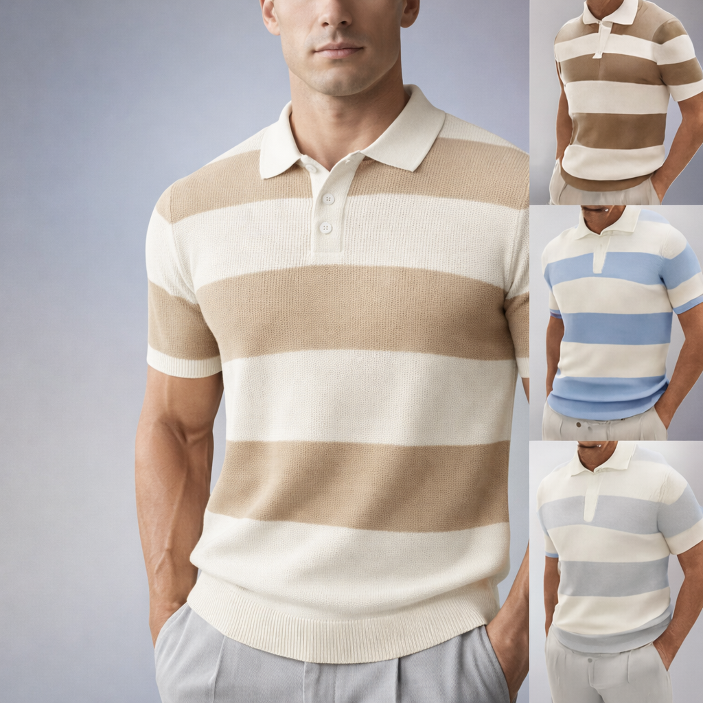 Collage of men wearing striped polo shirts in various colors.