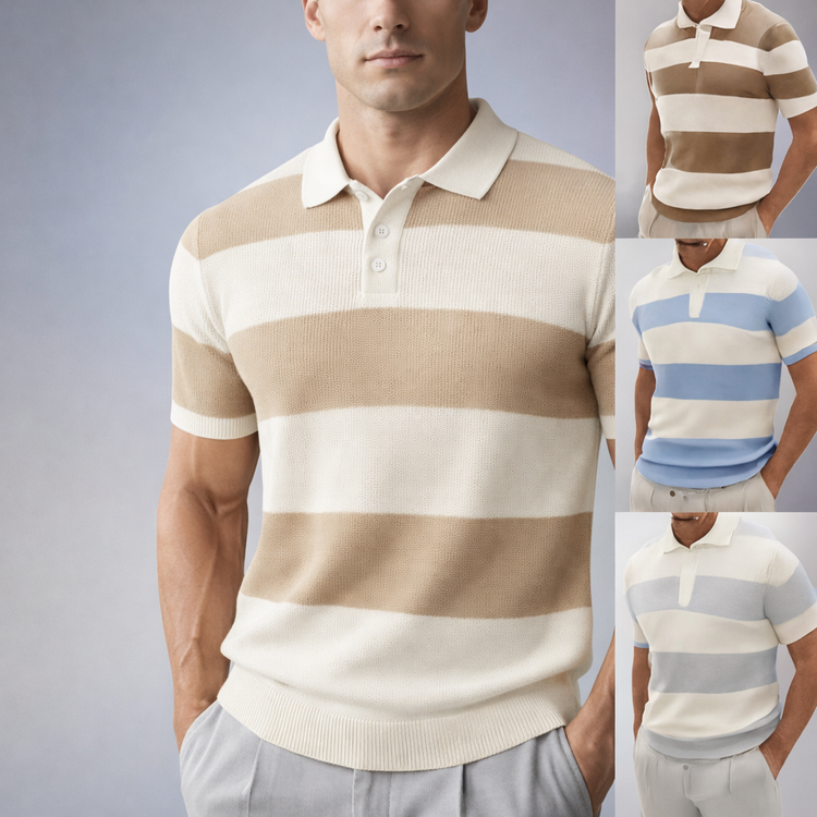 Collage of men wearing striped polo shirts in various colors.