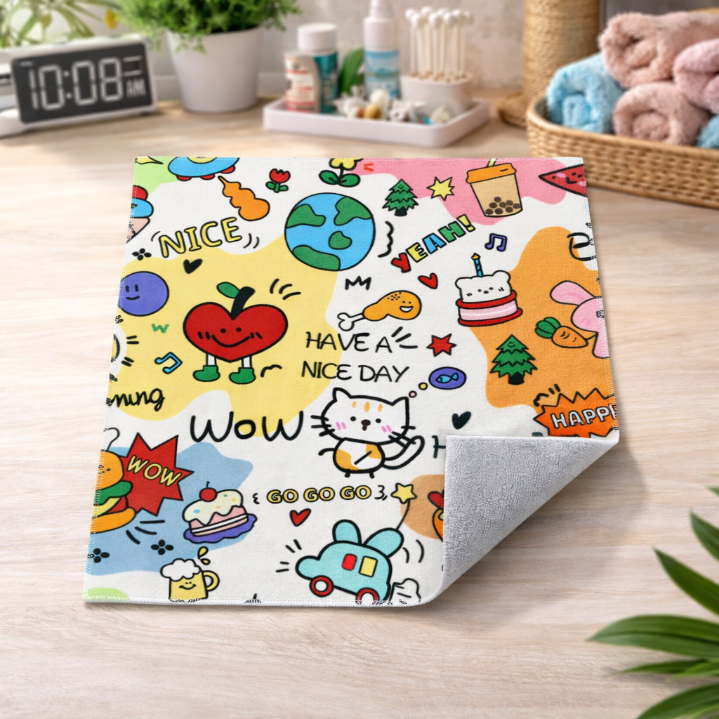 Colorful cartoon-themed rug on a wooden floor with various illustrations and text.