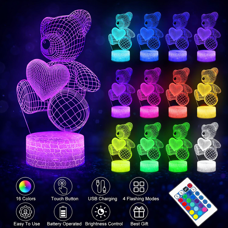 Colorful teddy bear night light with remote control on a dark background 3D Acrylic USB LED Night Lamp – Neon Sign
