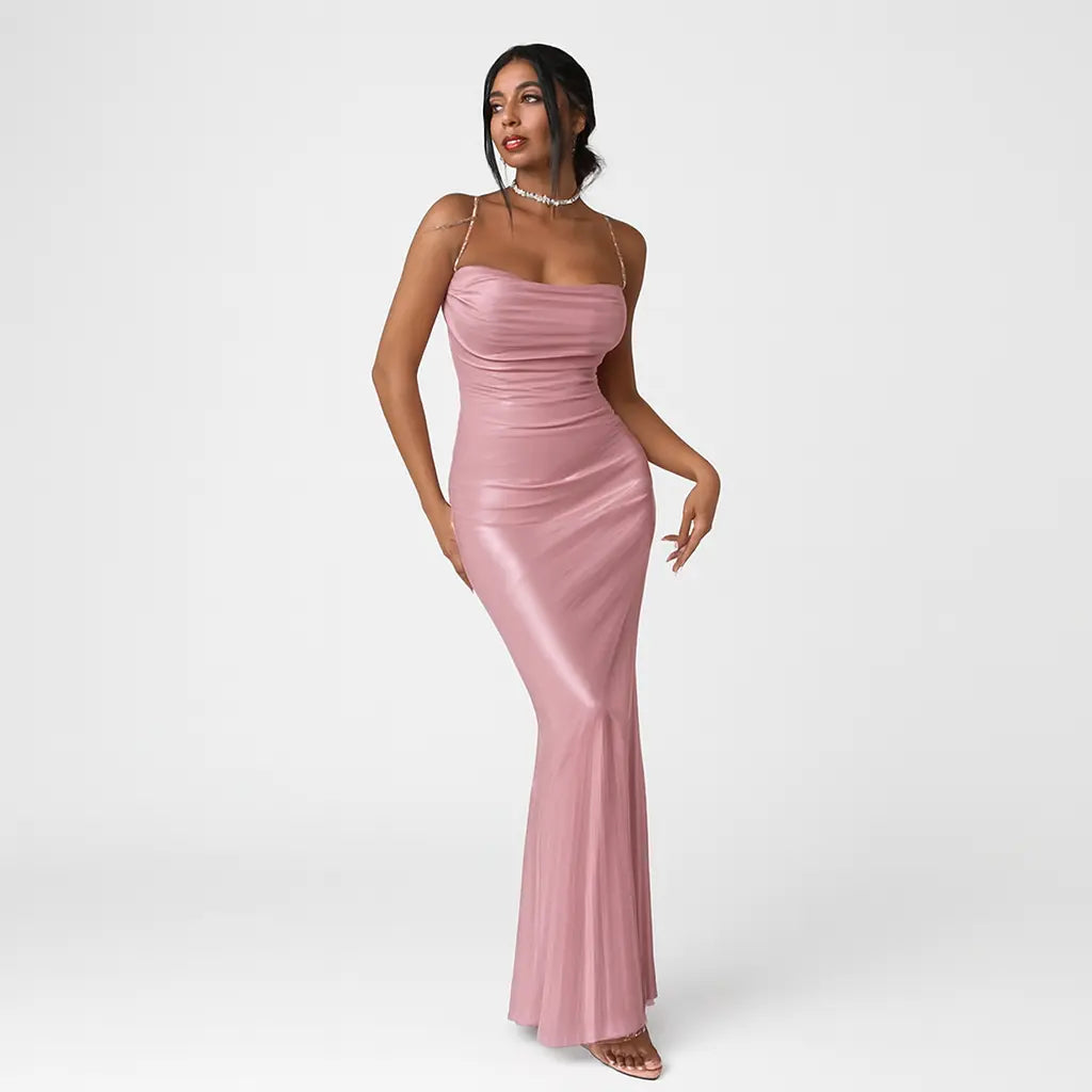 pink slim fit camisole dress high waist polyester front view on model wearing necklace
