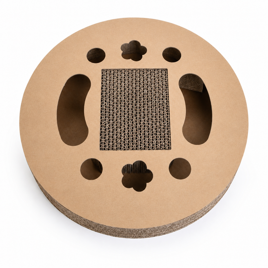 Round cardboard cat scratcher with paw-shaped holes on a white background