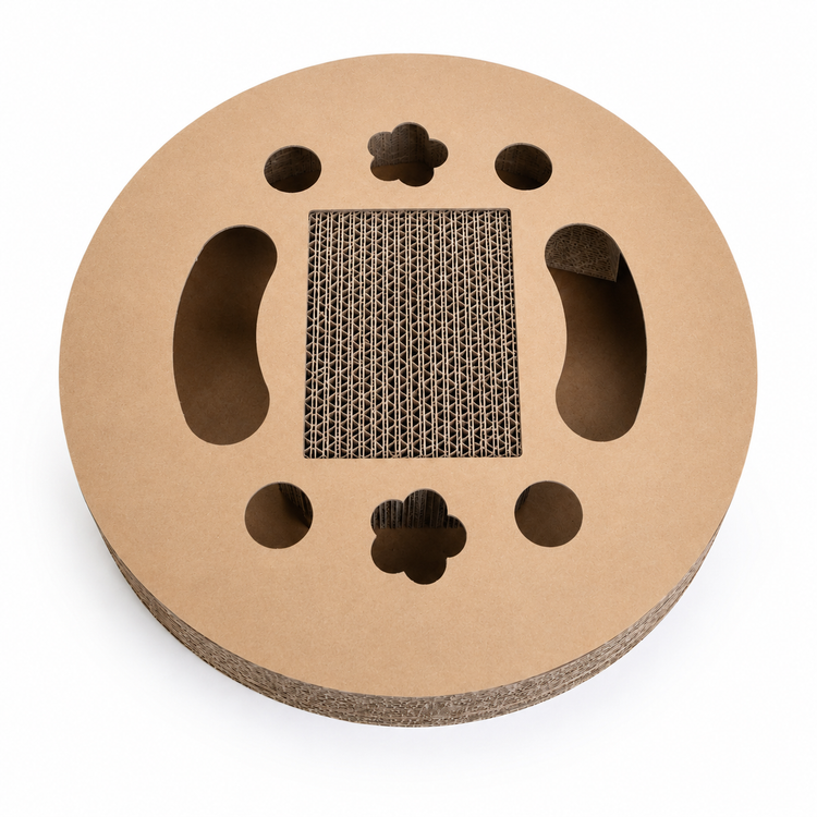 Round cardboard cat scratcher with paw-shaped holes on a white background