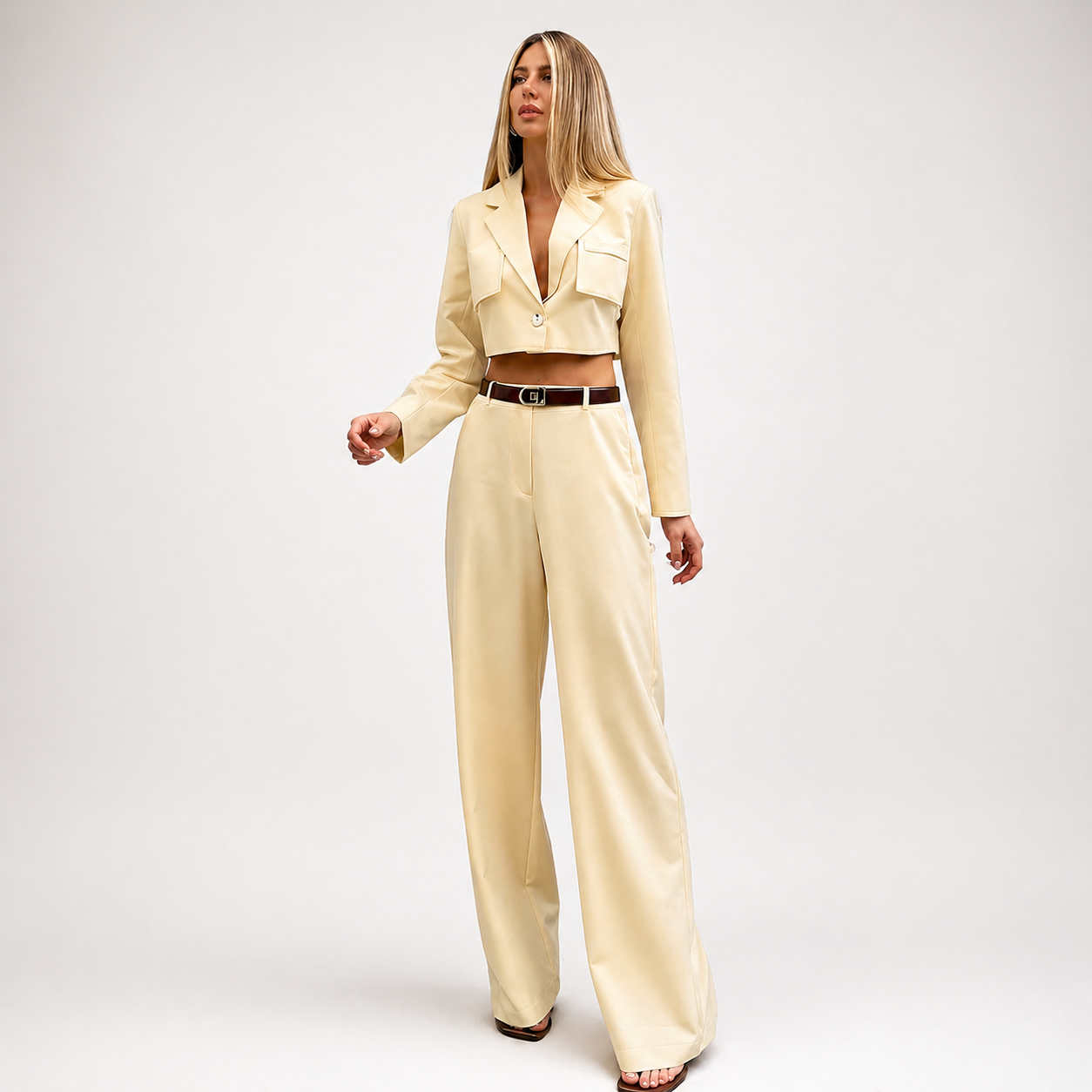 Woman wearing a beige suit with a white background