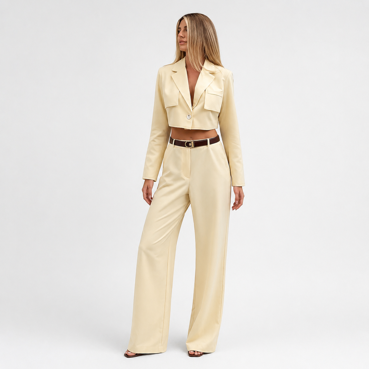 Woman wearing a beige suit with a white background