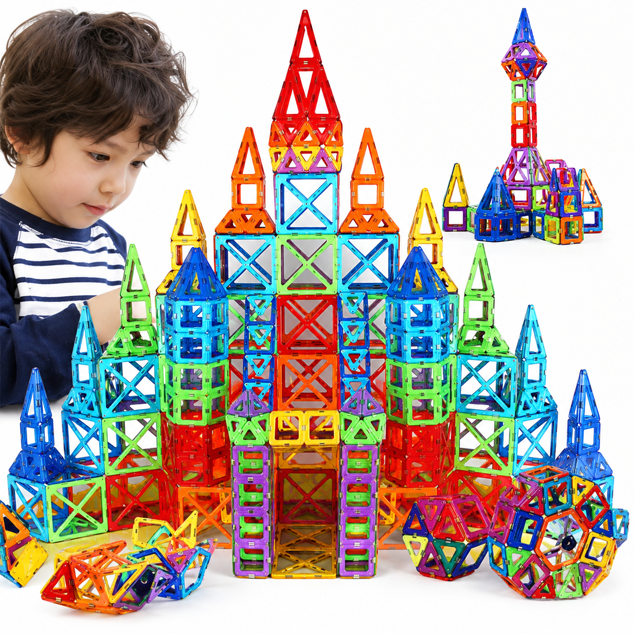 Child playing with colorful magnetic building blocks on a white background