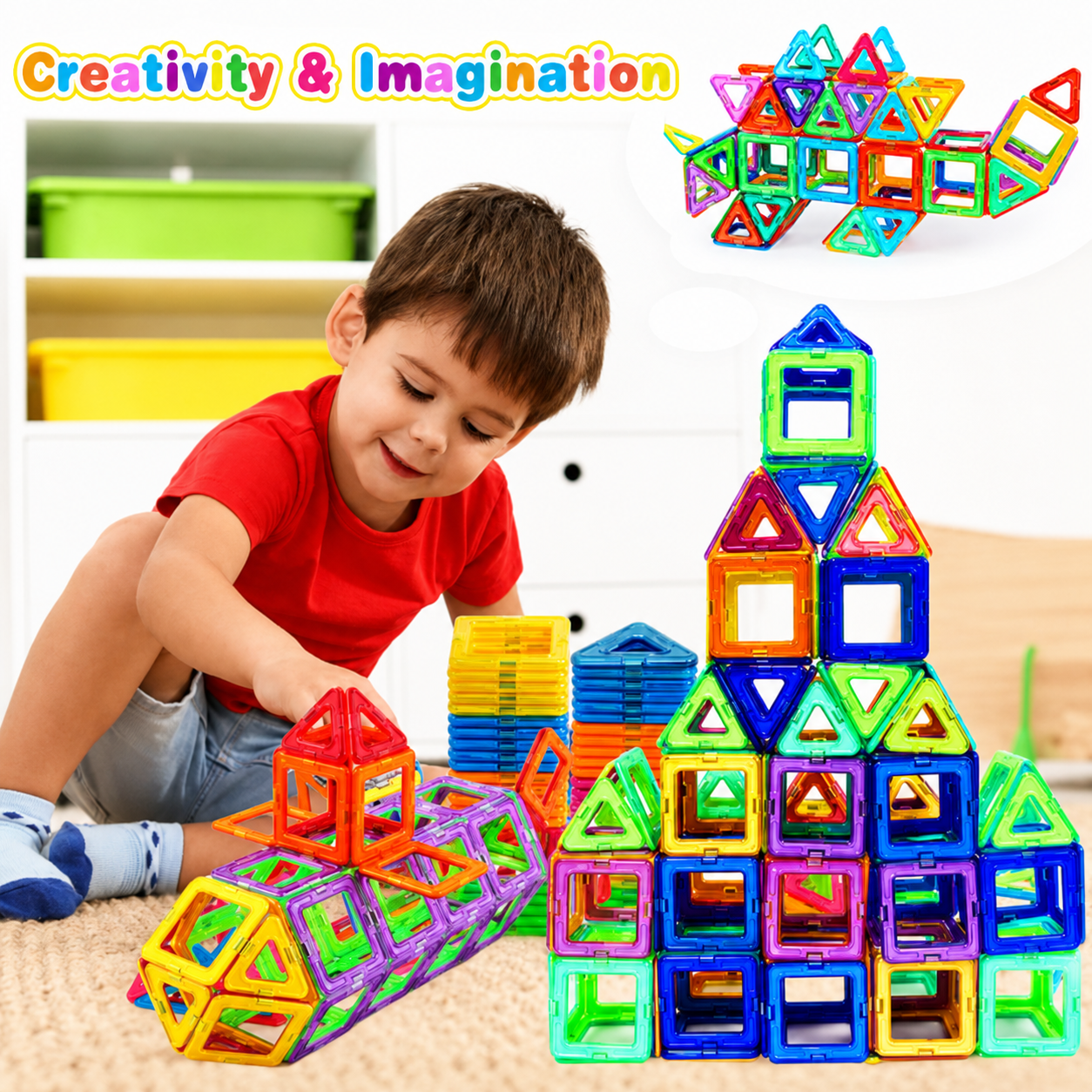Child playing with colorful magnetic building blocks with text &