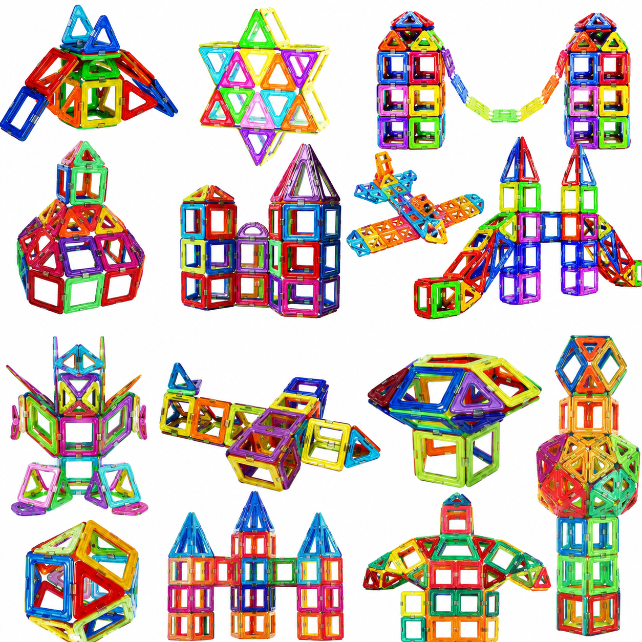Colorful magnetic building blocks arranged in various shapes on a white background