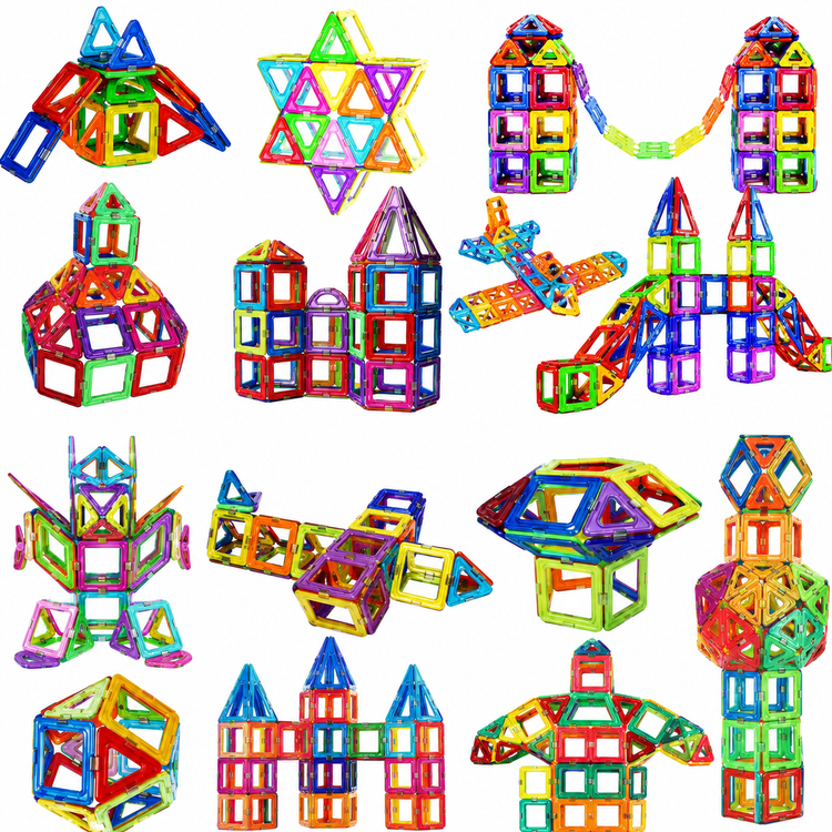 Colorful magnetic building blocks arranged in various shapes on a white background