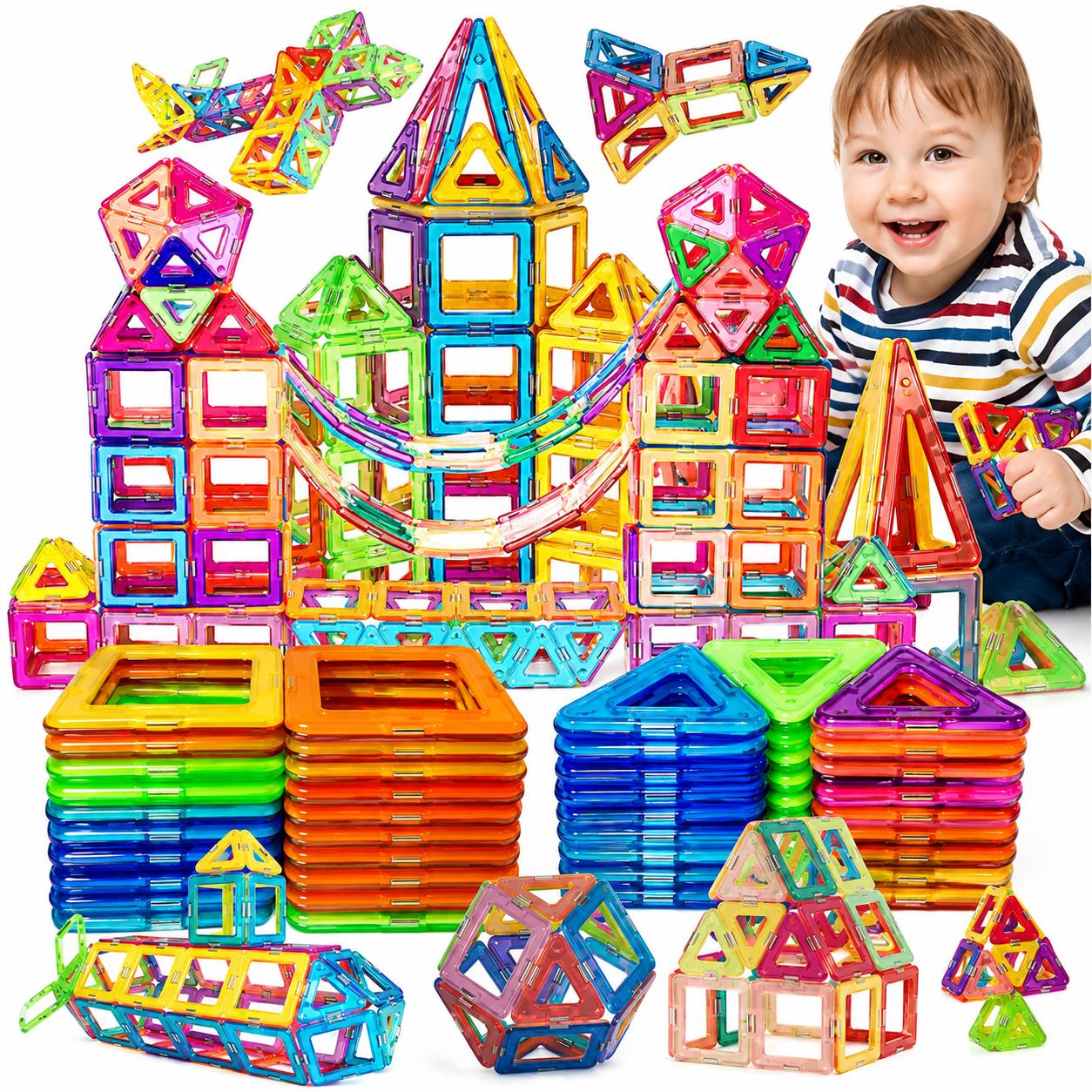 Colorful magnetic building blocks with a child playing with them on a white background