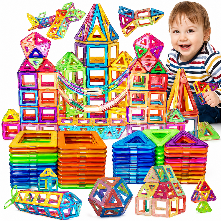 Colorful magnetic building blocks with a child playing with them on a white background