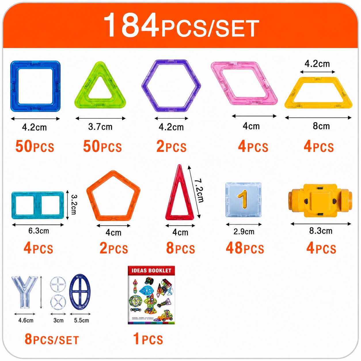 Set of colorful geometric shapes with measurements and quantities on an orange background
