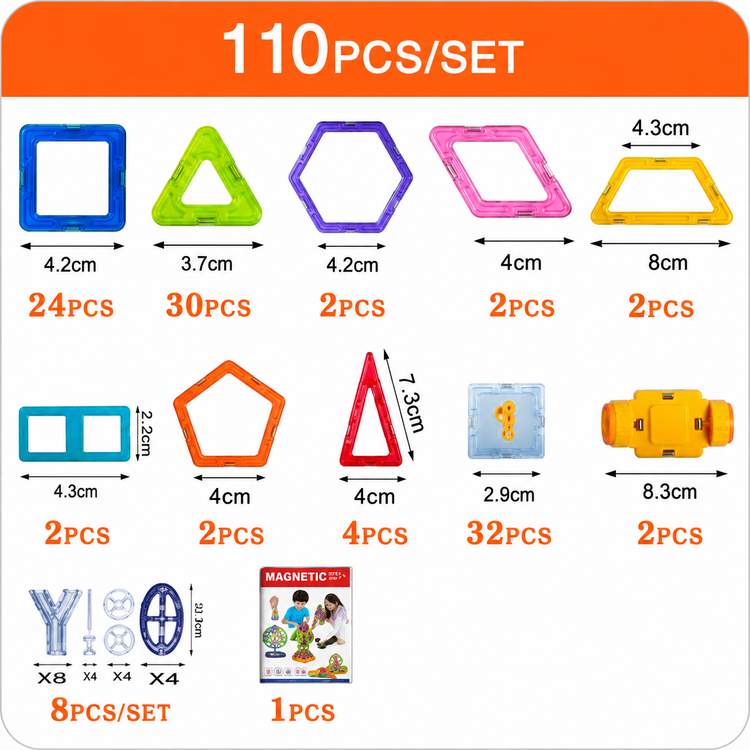 Set of colorful geometric shapes with measurements and packaging on a white background