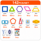 Set of colorful geometric building blocks with measurements and quantities on a white background.